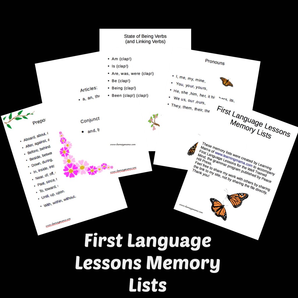 First Language Lessons Printable - Memory lists (articles, prepositions, state of being verbs etc)